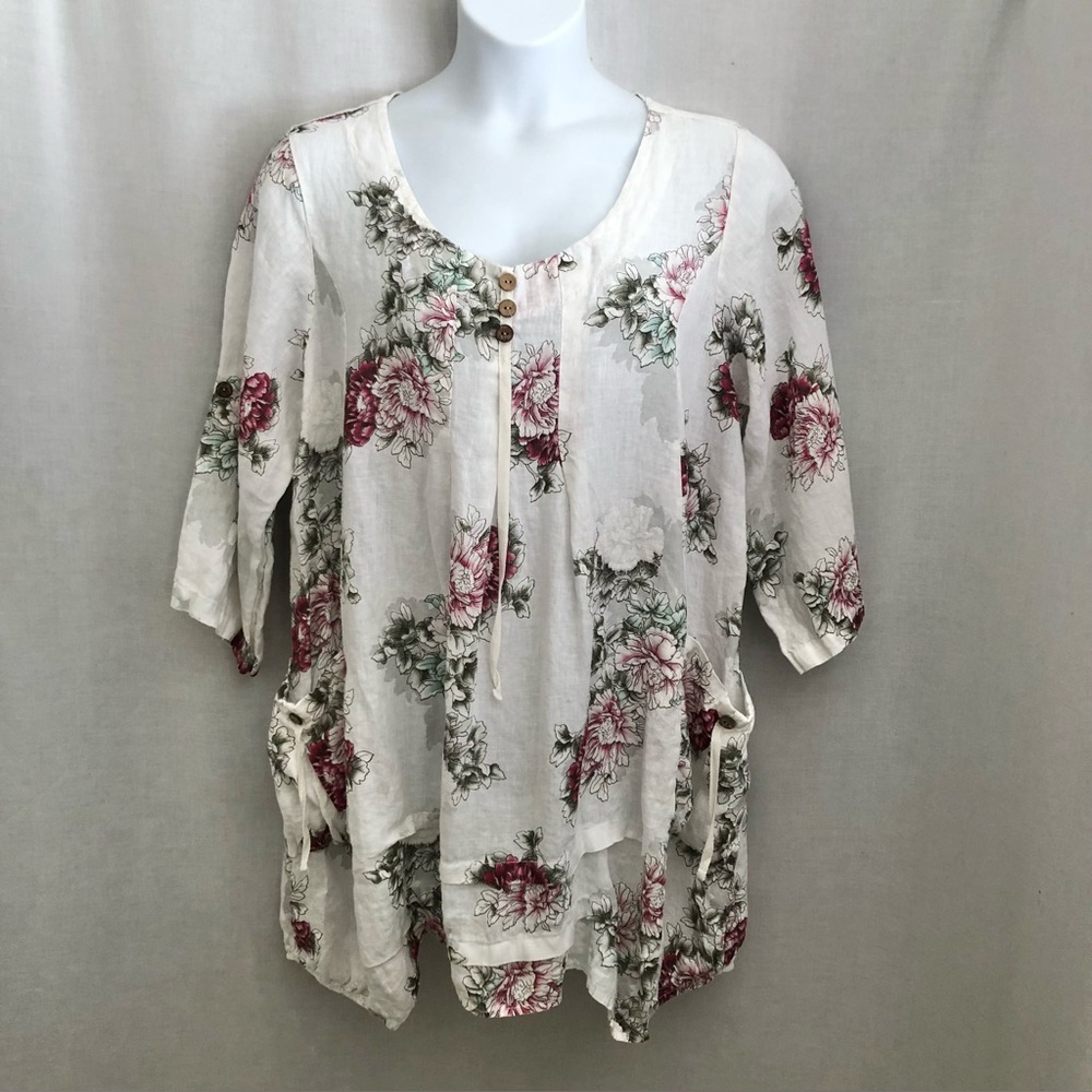 100% Lin Blanc Tunic White Floral Artsy Tunic  Women's 16 Italy 50